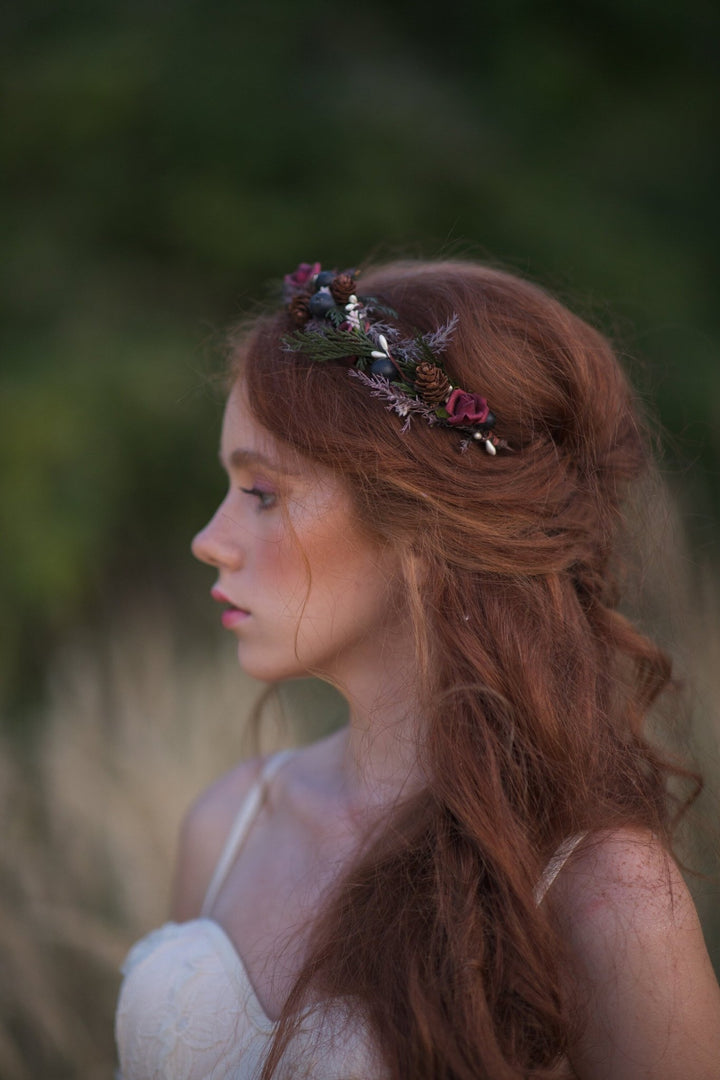 Autumn Flower Half Wreath: Woodland Bridal Crown with Pine Cones – handmade floral hair accessory by magaela