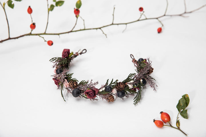 Autumn Flower Half Wreath: Woodland Bridal Crown with Pine Cones – handmade floral hair accessory by magaela