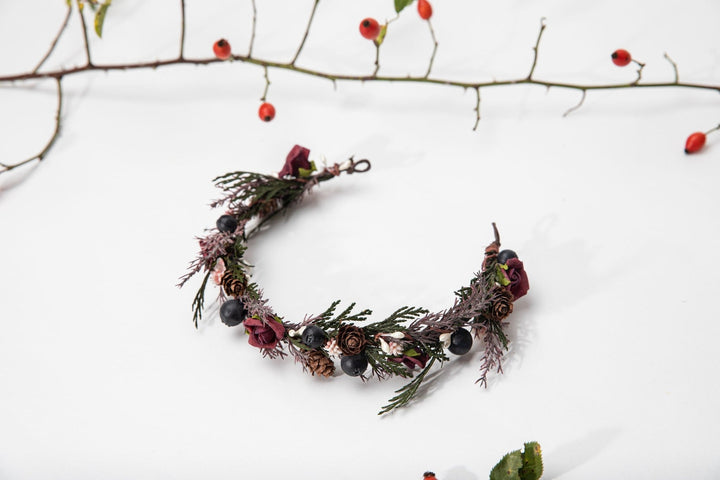 Autumn Flower Half Wreath: Woodland Bridal Crown with Pine Cones – handmade floral hair accessory by magaela