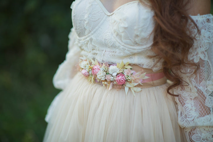 Blush Ivory Flower Wedding Belt: Romantic Bridal Sash – handmade floral hair accessory by magaela