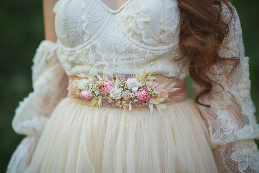 Blush Ivory Flower Wedding Belt: Romantic Bridal Sash – handmade floral hair accessory by magaela
