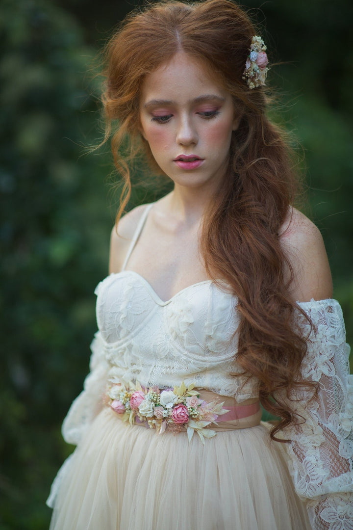Blush Ivory Flower Wedding Belt: Romantic Bridal Sash – handmade floral hair accessory by magaela