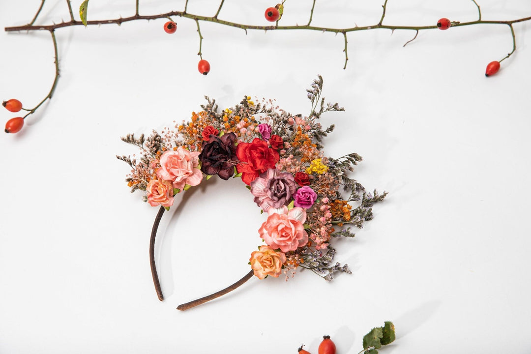 Frida Kahlo Flower Crown: Boho Wedding Headband – handmade floral hair accessory by magaela