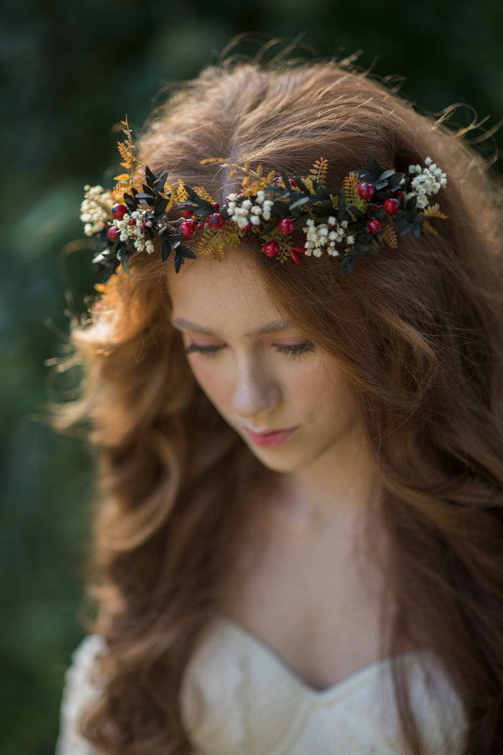 Autumn Bridal Flower Crown: Rose Hips & Baby's Breath Headpiece – handmade floral hair accessory by magaela