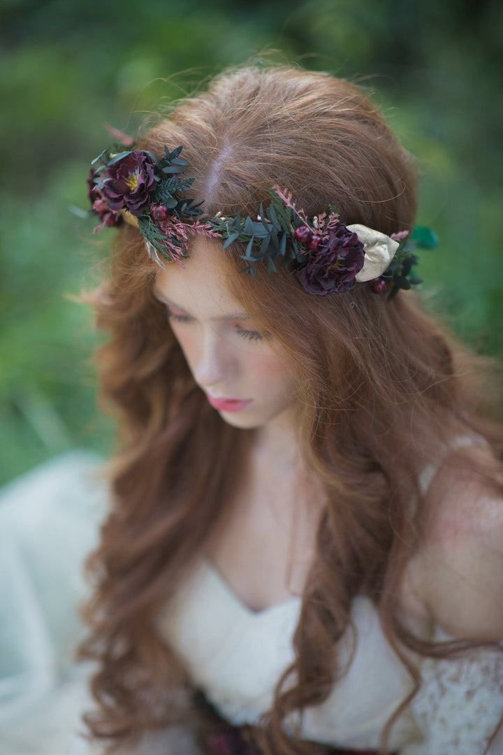 Autumn Flower Hair Wreath: Burgundy Boho Wedding Headpiece – handmade floral hair accessory by magaela