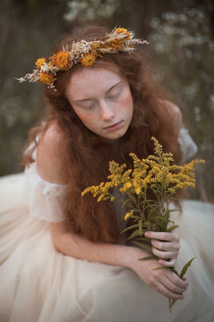 Ochre Flower Crown: Preserved Autumn Wedding Bridal Headpiece – handmade floral hair accessory by magaela