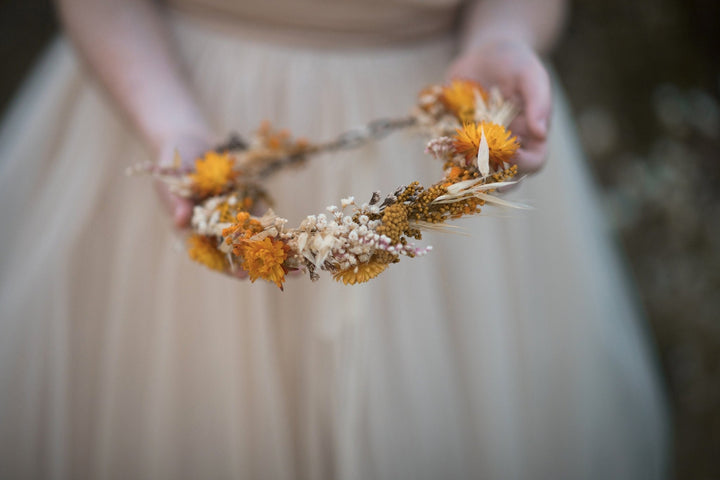 Ochre Flower Crown: Preserved Autumn Wedding Bridal Headpiece – handmade floral hair accessory by magaela