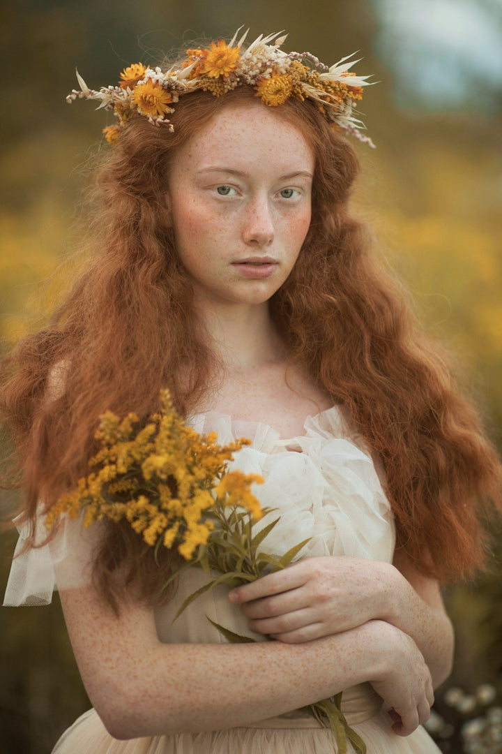 Ochre Flower Crown: Preserved Autumn Wedding Bridal Headpiece – handmade floral hair accessory by magaela