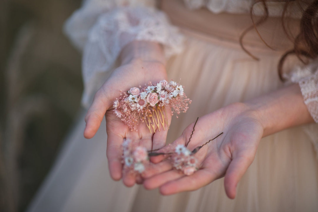 Blush Wedding Hair Comb & Pins: Romantic Dried Flower Accessories – handmade floral hair accessory by magaela