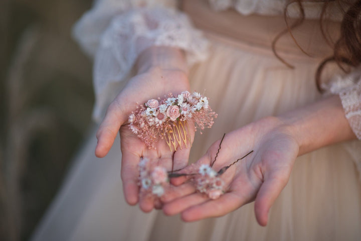 Blush Wedding Hair Comb & Pins: Romantic Dried Flower Accessories – handmade floral hair accessory by magaela