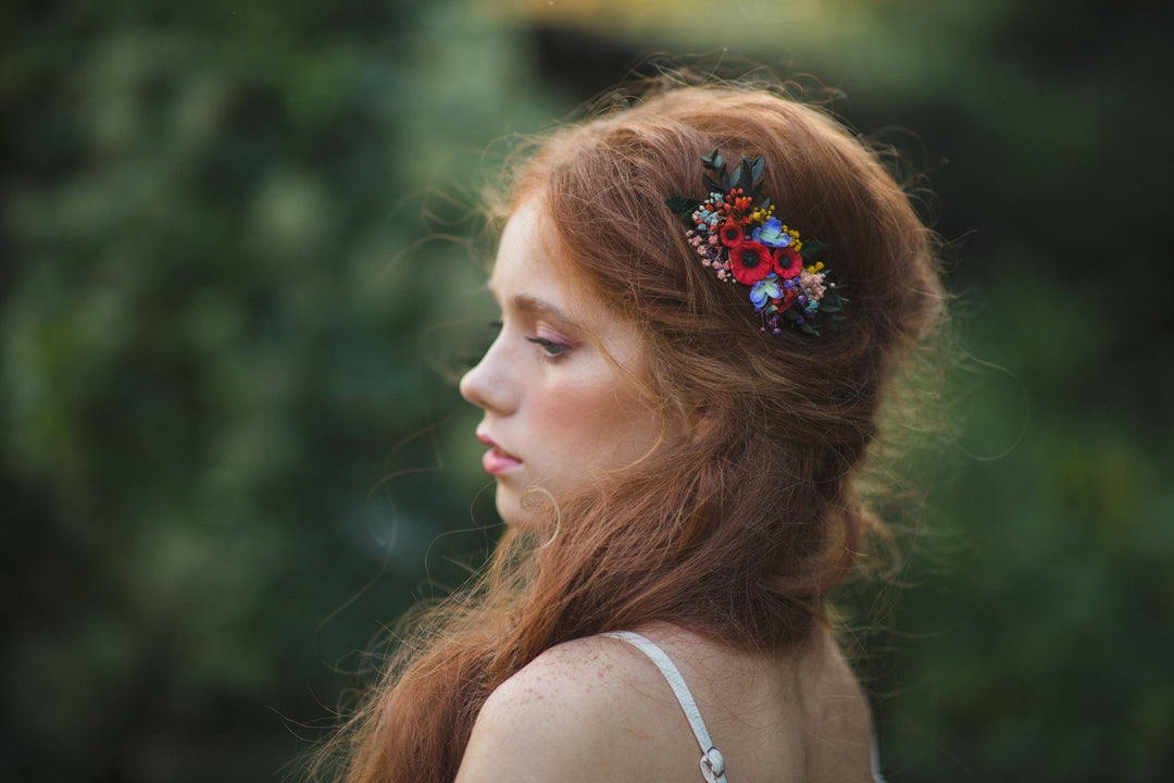 Poppy Flower Hair Comb: Folk Wedding Bridal Accessory – handmade floral hair accessory by magaela
