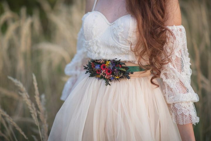 Folk Wedding Flower Belt: Poppy Bridal Sash, Colorful Slavic Style – handmade floral hair accessory by magaela