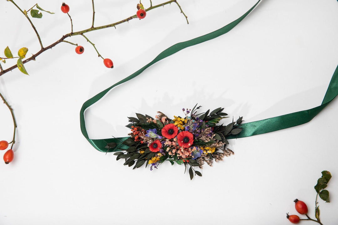 Folk Wedding Flower Belt: Poppy Bridal Sash, Colorful Slavic Style – handmade floral hair accessory by magaela
