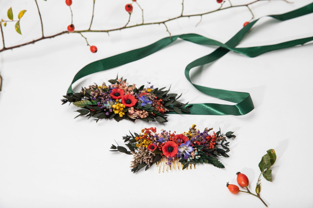 Folk Wedding Flower Belt: Poppy Bridal Sash, Colorful Slavic Style – handmade floral hair accessory by magaela