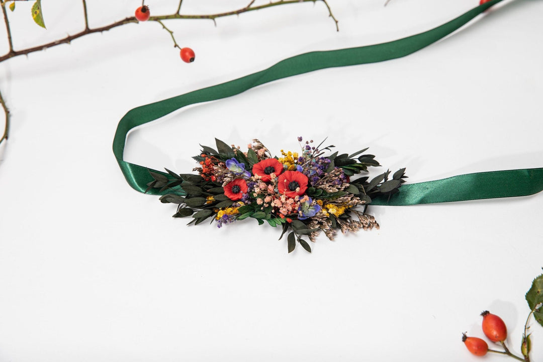 Folk Wedding Flower Belt: Poppy Bridal Sash, Colorful Slavic Style – handmade floral hair accessory by magaela