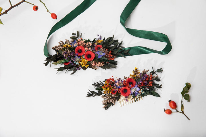 Folk Wedding Flower Hair Comb: Poppy Bridal Accessory – handmade floral hair accessory by magaela
