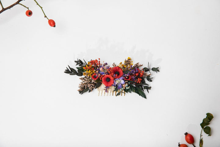 Folk Wedding Flower Hair Comb: Poppy Bridal Accessory – handmade floral hair accessory by magaela
