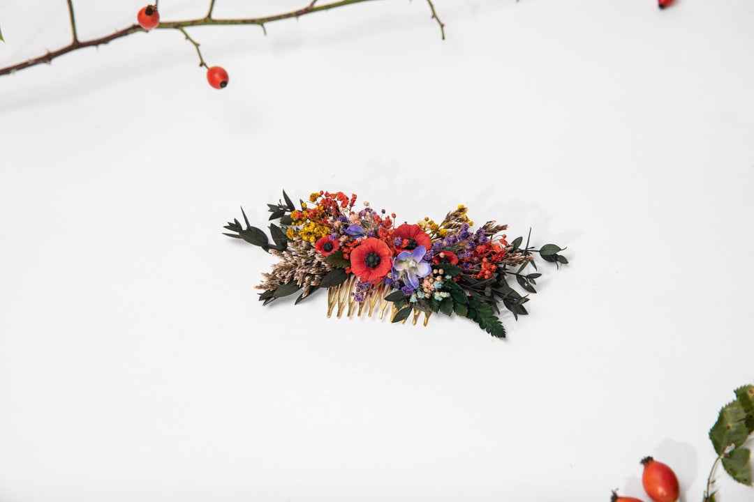 Folk Wedding Flower Hair Comb: Poppy Bridal Accessory – handmade floral hair accessory by magaela