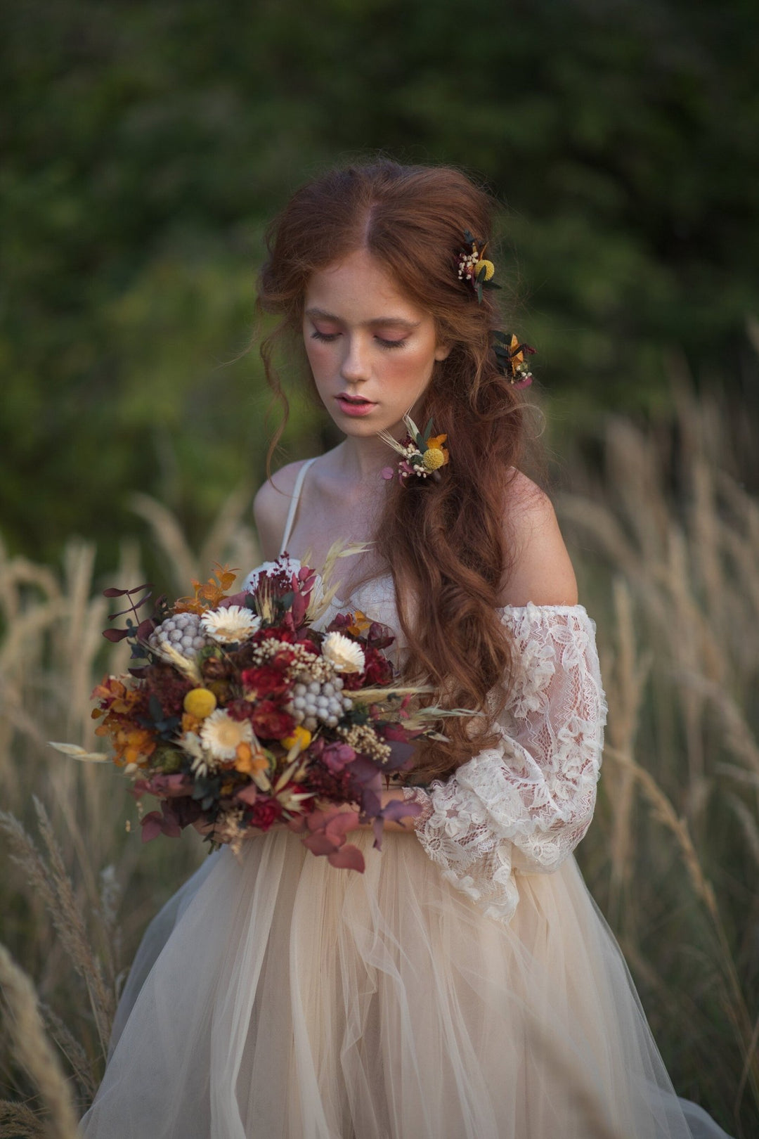 Autumn Bridal Bouquet: Preserved & Artificial Flowers, Customizable – handmade floral hair accessory by magaela