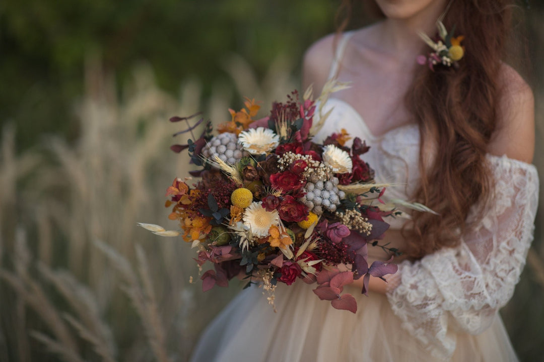 Autumn Bridal Bouquet: Preserved & Artificial Flowers, Customizable – handmade floral hair accessory by magaela