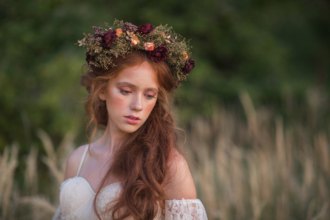 Burgundy Rose Flower Crown: Boho Autumn Wedding Hair Wreath – handmade floral hair accessory by magaela