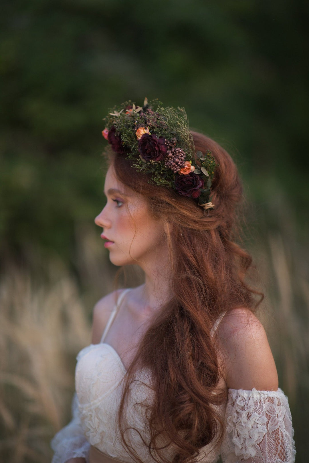 Burgundy Rose Flower Crown: Boho Autumn Wedding Hair Wreath – handmade floral hair accessory by magaela
