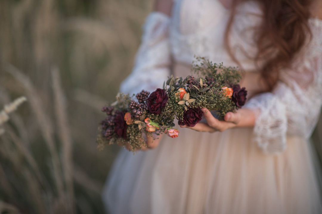 Burgundy Rose Flower Crown: Boho Autumn Wedding Hair Wreath – handmade floral hair accessory by magaela