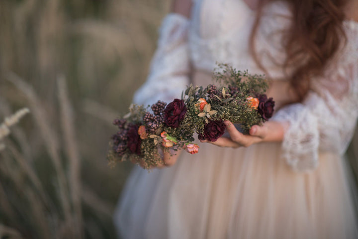 Burgundy Rose Flower Crown: Boho Autumn Wedding Hair Wreath – handmade floral hair accessory by magaela