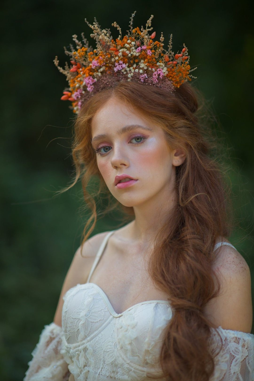 Dried Flower Bridal Headband: Orange Pink Autumn Wedding Hair Crown – handmade floral hair accessory by magaela