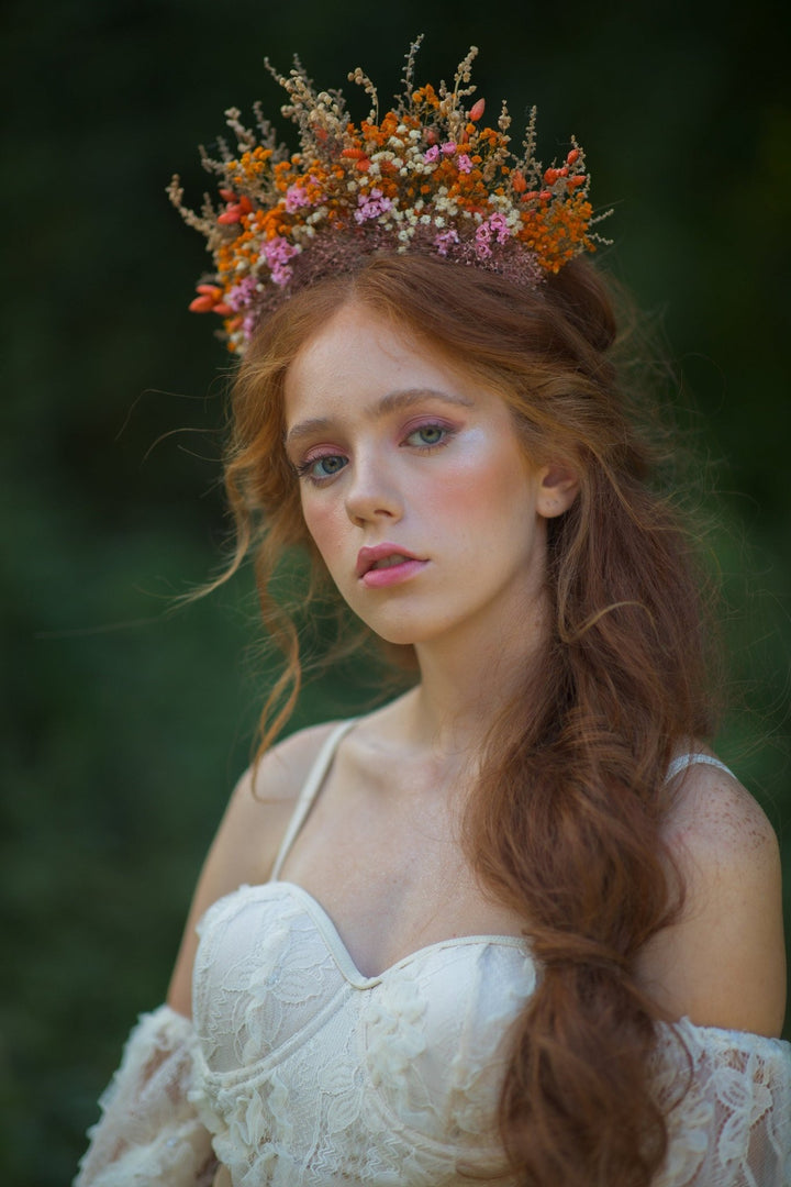 Dried Flower Bridal Headband: Orange Pink Autumn Wedding Hair Crown – handmade floral hair accessory by magaela