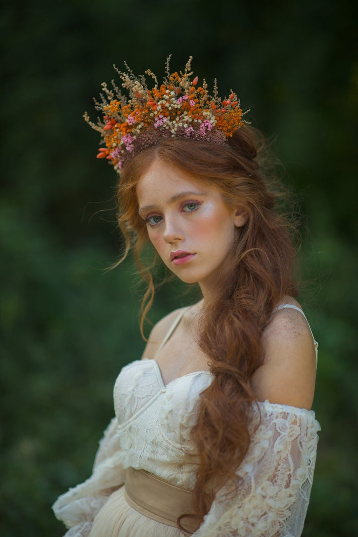 Dried Flower Bridal Headband: Orange Pink Autumn Wedding Hair Crown – handmade floral hair accessory by magaela