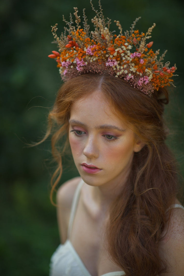 Dried Flower Bridal Headband: Orange Pink Autumn Wedding Hair Crown – handmade floral hair accessory by magaela