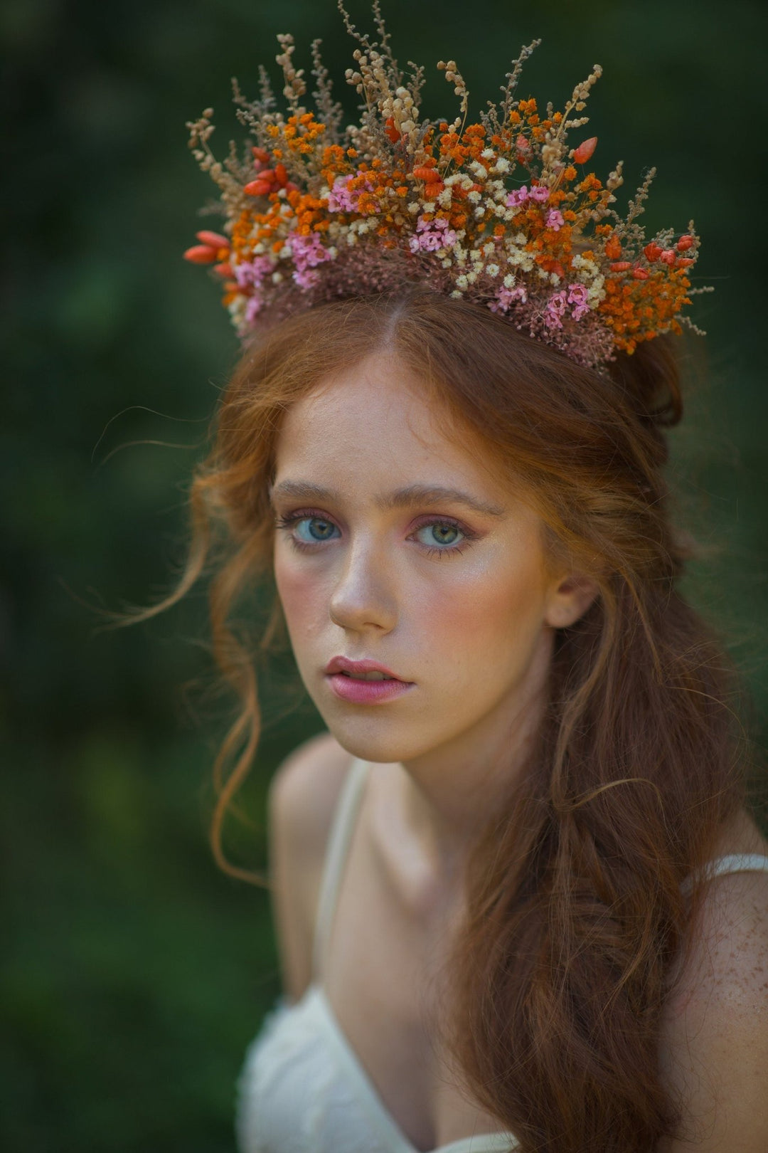 Dried Flower Bridal Headband: Orange Pink Autumn Wedding Hair Crown – handmade floral hair accessory by magaela