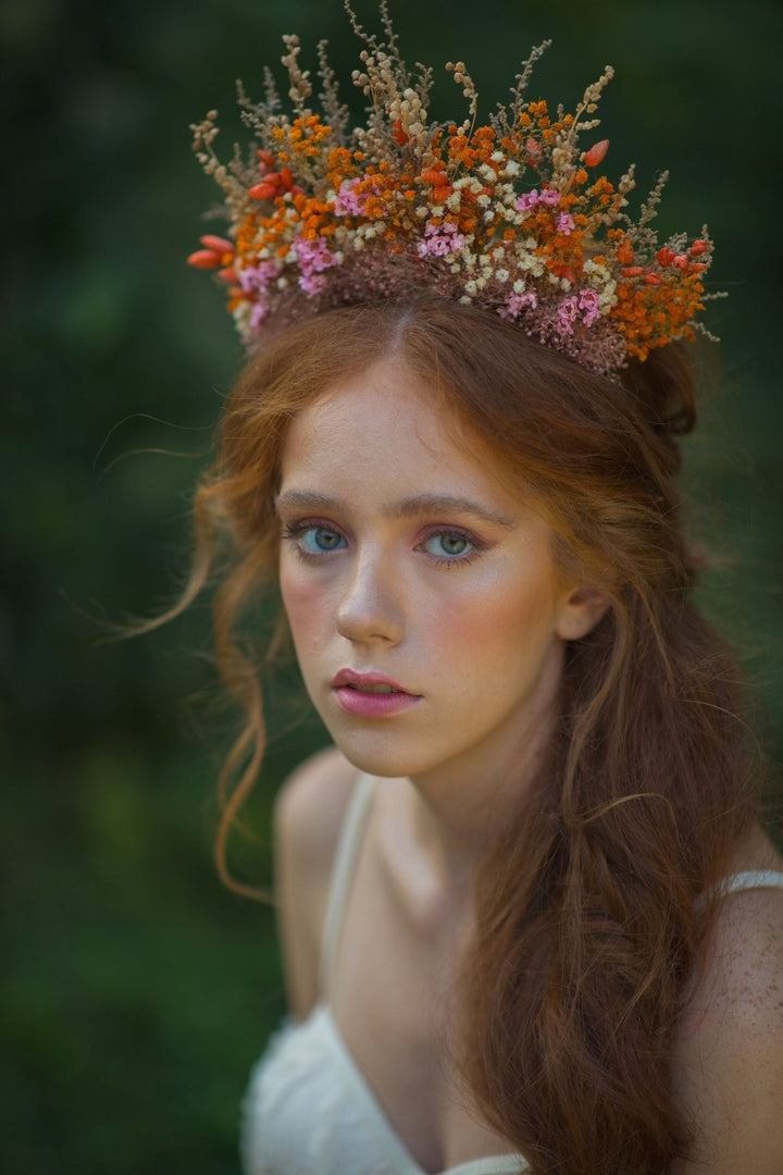 Dried Flower Bridal Headband: Orange Pink Autumn Wedding Hair Crown – handmade floral hair accessory by magaela