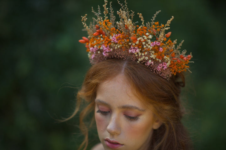 Dried Flower Bridal Headband: Orange Pink Autumn Wedding Hair Crown – handmade floral hair accessory by magaela