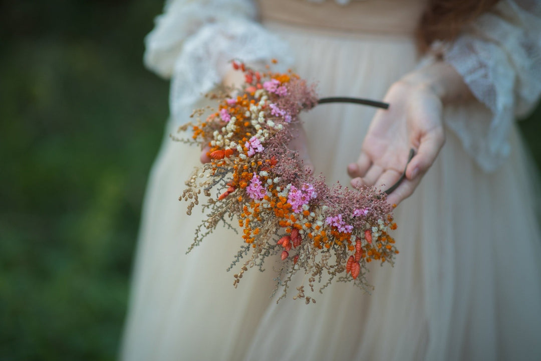 Dried Flower Bridal Headband: Orange Pink Autumn Wedding Hair Crown – handmade floral hair accessory by magaela