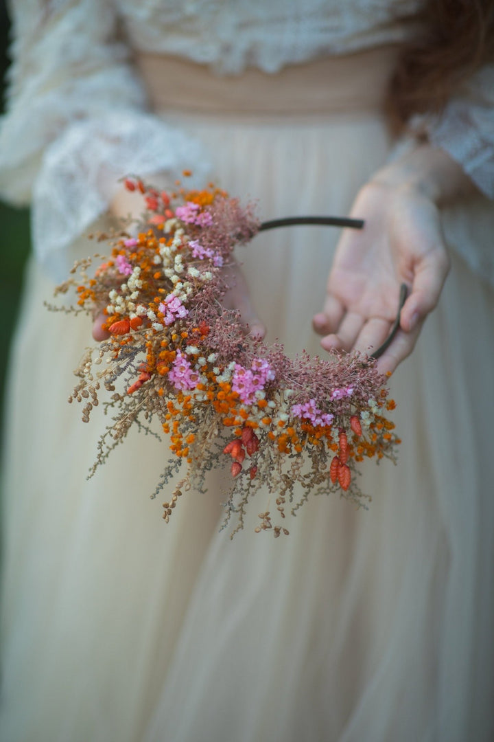 Dried Flower Bridal Headband: Orange Pink Autumn Wedding Hair Crown – handmade floral hair accessory by magaela