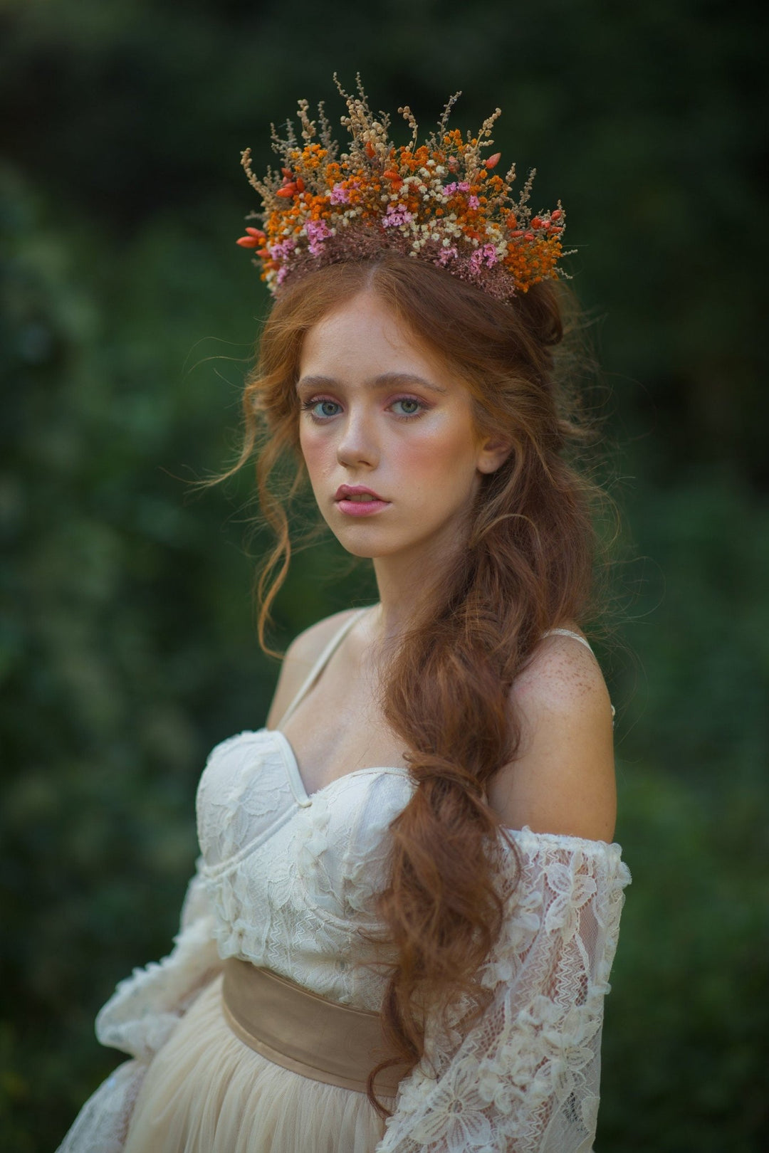 Dried Flower Bridal Headband: Orange Pink Autumn Wedding Hair Crown – handmade floral hair accessory by magaela