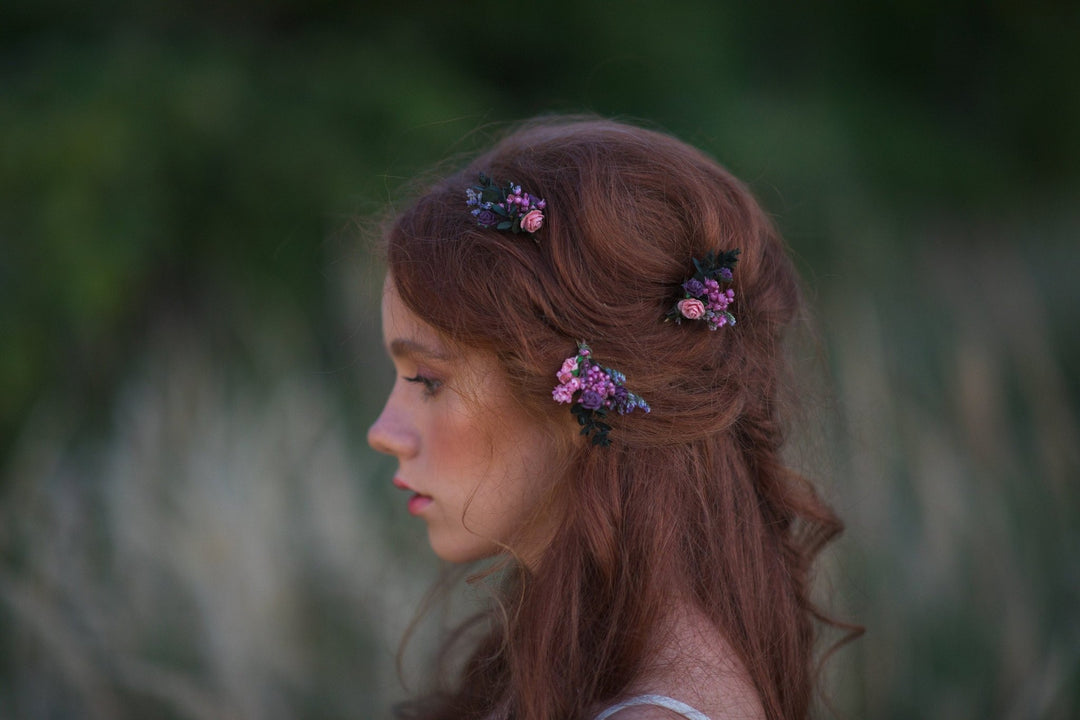Purple Flower Hair Pins: Bridal Wedding Hair Accessories – handmade floral hair accessory by magaela
