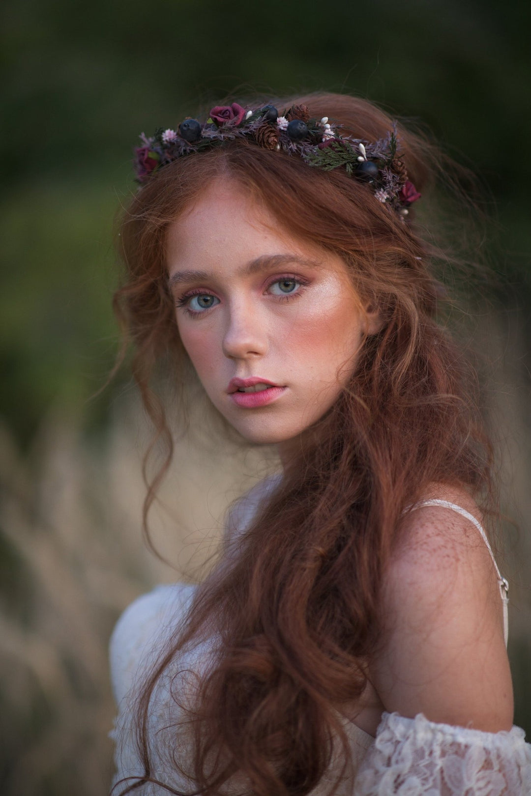 Autumn Flower Half Wreath: Woodland Bridal Crown with Pine Cones – handmade floral hair accessory by magaela