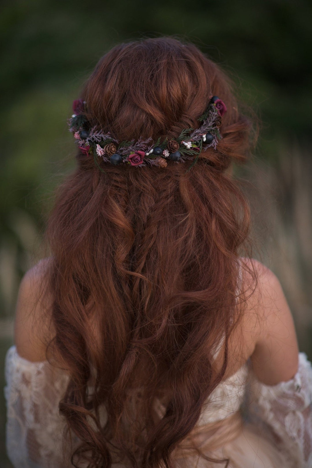 Autumn Flower Half Wreath: Woodland Bridal Crown with Pine Cones – handmade floral hair accessory by magaela