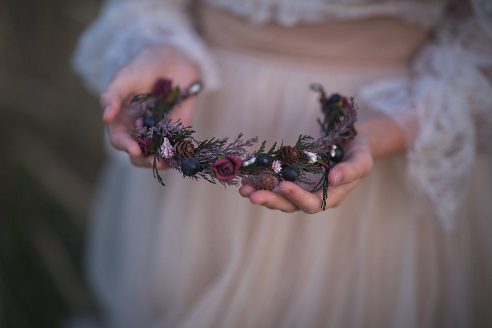 Autumn Flower Half Wreath: Woodland Bridal Crown with Pine Cones – handmade floral hair accessory by magaela