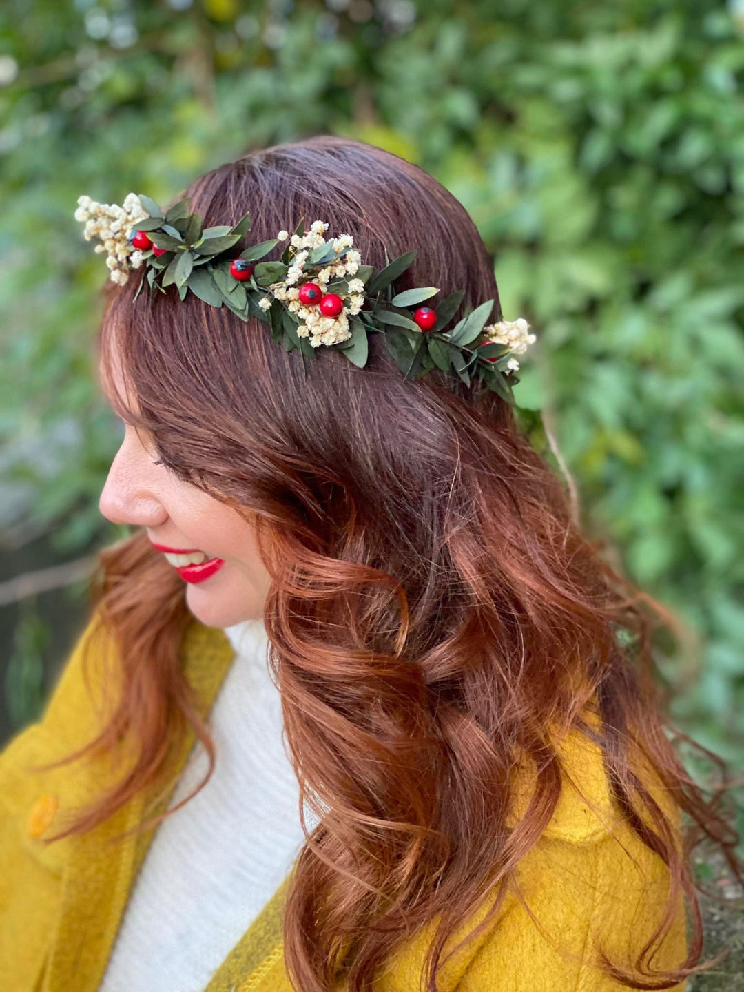 Christmas Hair Crown: Rose Hips, Eucalyptus, Baby's Breath Headpiece – handmade floral hair accessory by magaela