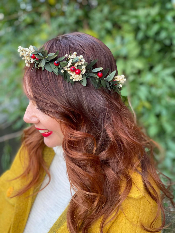 Christmas Hair Crown: Rose Hips, Eucalyptus, Baby's Breath Headpiece – handmade floral hair accessory by magaela
