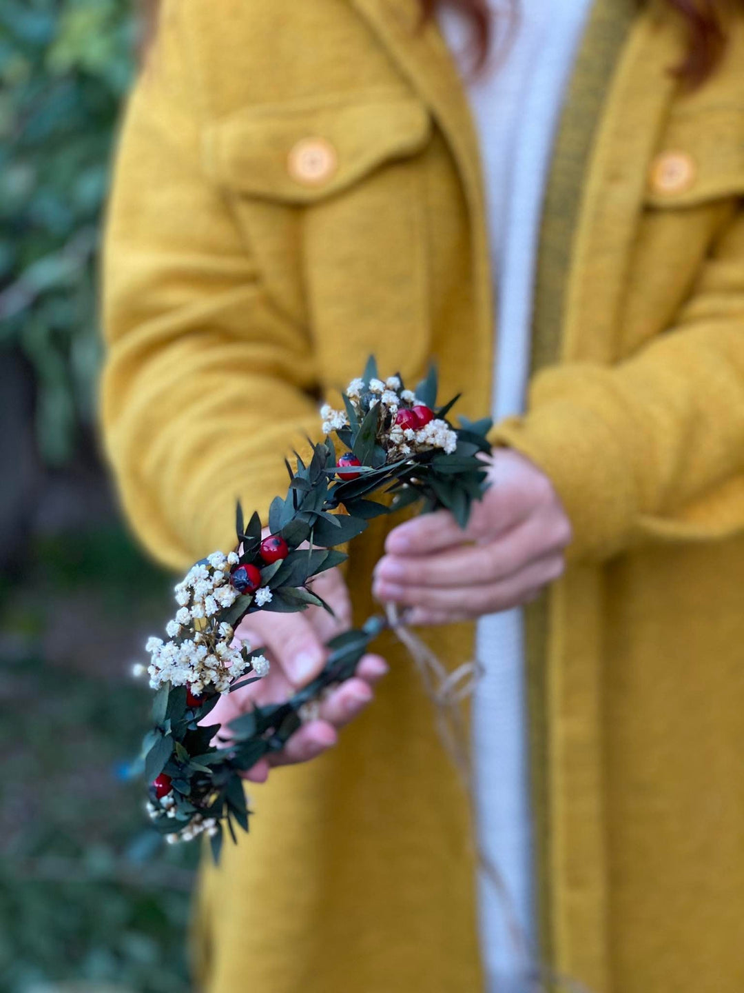 Christmas Hair Crown: Rose Hips, Eucalyptus, Baby's Breath Headpiece – handmade floral hair accessory by magaela