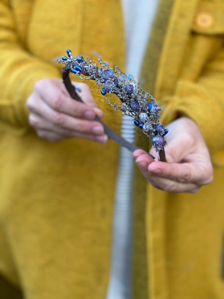 Winter Blueberry Headband, Bridal Headdress, Flower Girl Crown – handmade floral hair accessory by magaela