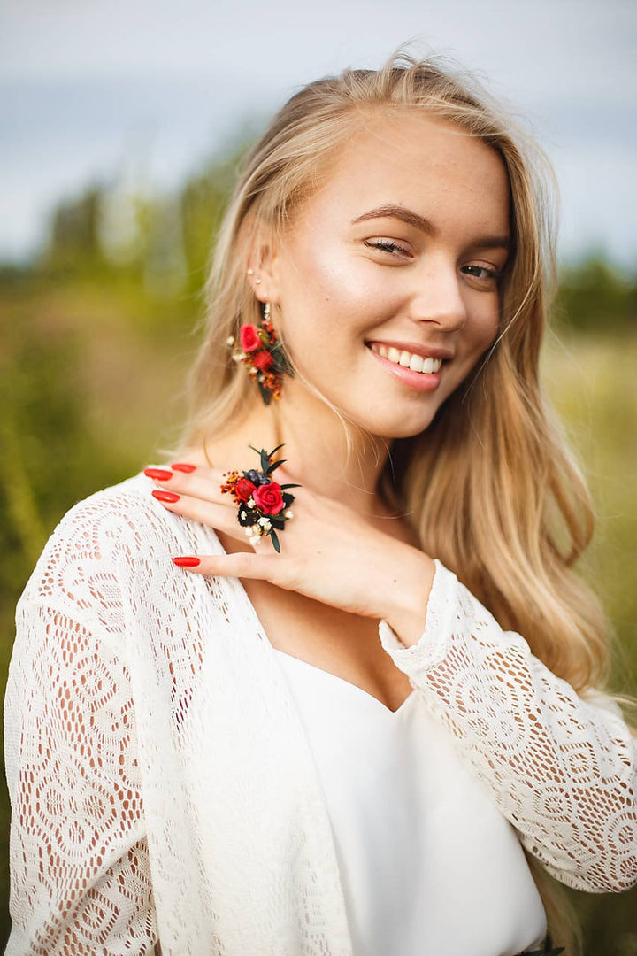 Red Flower Dangle Earrings: Bridal Wedding Accessories – handmade floral hair accessory by magaela