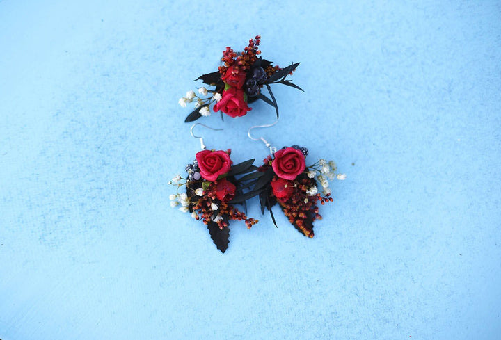 Red Flower Dangle Earrings: Bridal Wedding Accessories – handmade floral hair accessory by magaela