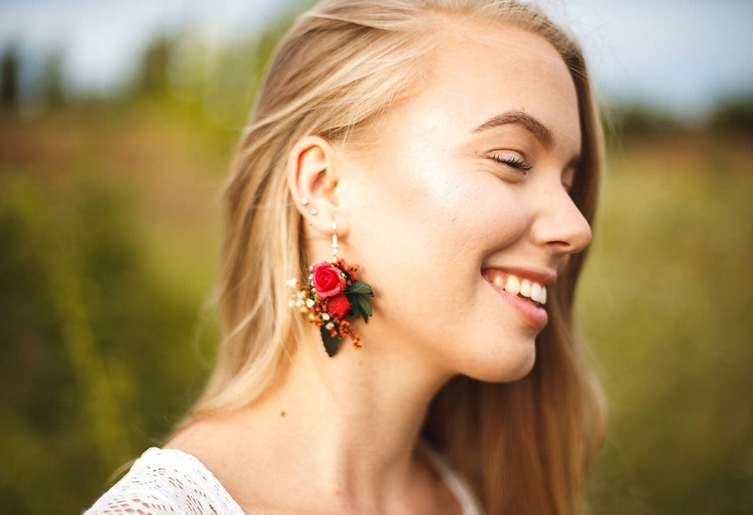Red Flower Dangle Earrings: Bridal Wedding Accessories – handmade floral hair accessory by magaela