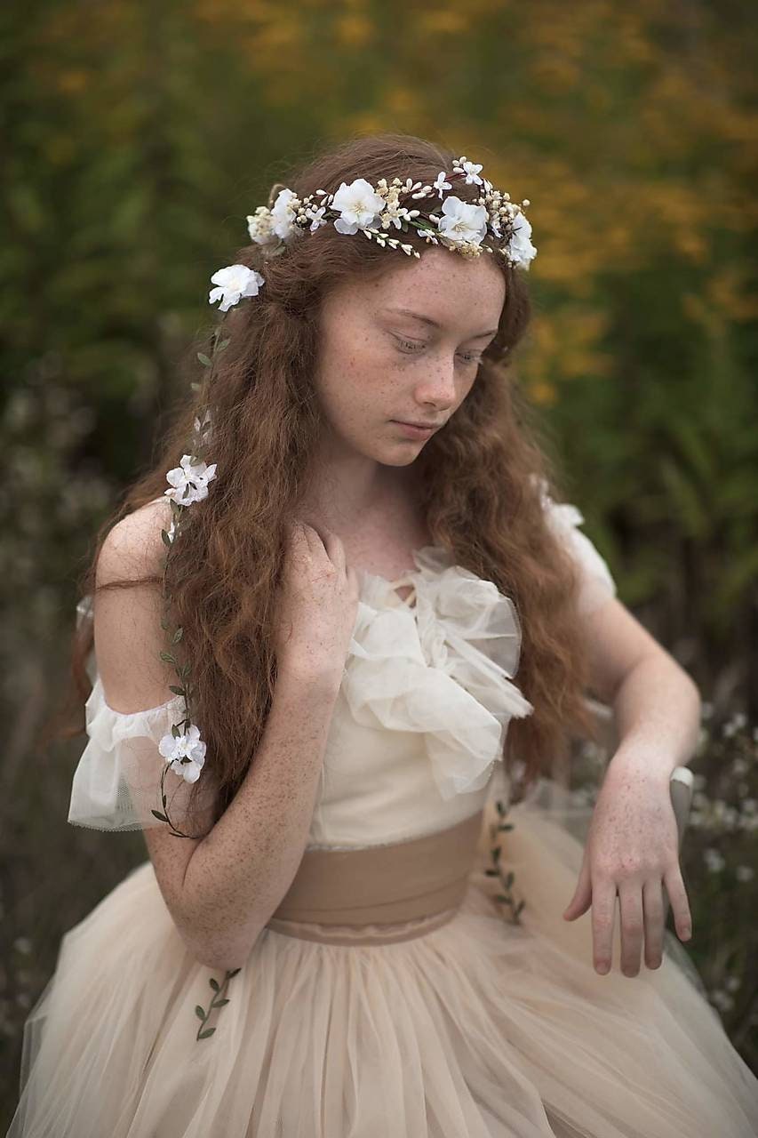 White Flower Bridal Hair Wreath: Romantic Vine Crown – handmade floral hair accessory by magaela
